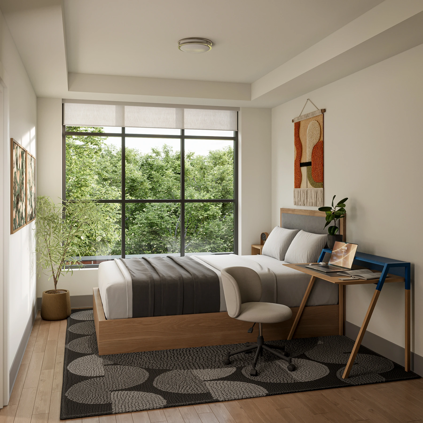 Modern bedroom at Theory Ithaca, Cornell University apartments