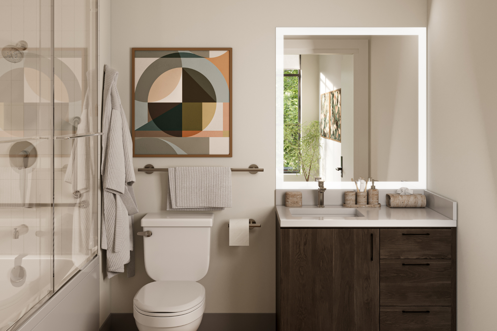 Modern apartment bathroom featuring a wood vanity, illuminated mirror, contemporary fixtures, and a tub-shower combination with glass enclosure.