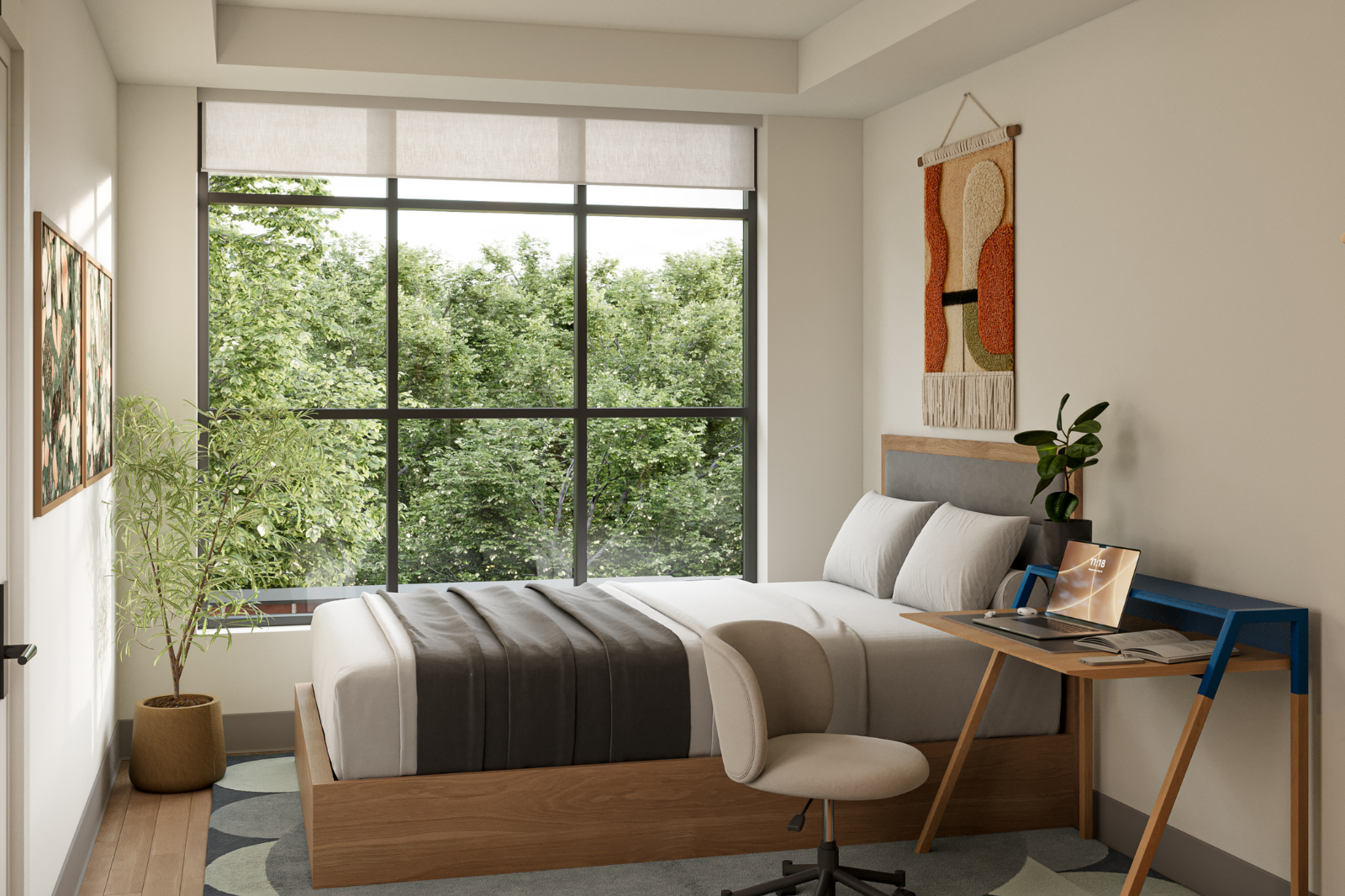 Interior Bedroom Bright furnished bedroom with large windows, workspace desk, contemporary furnishings, and scenic tree-lined views.