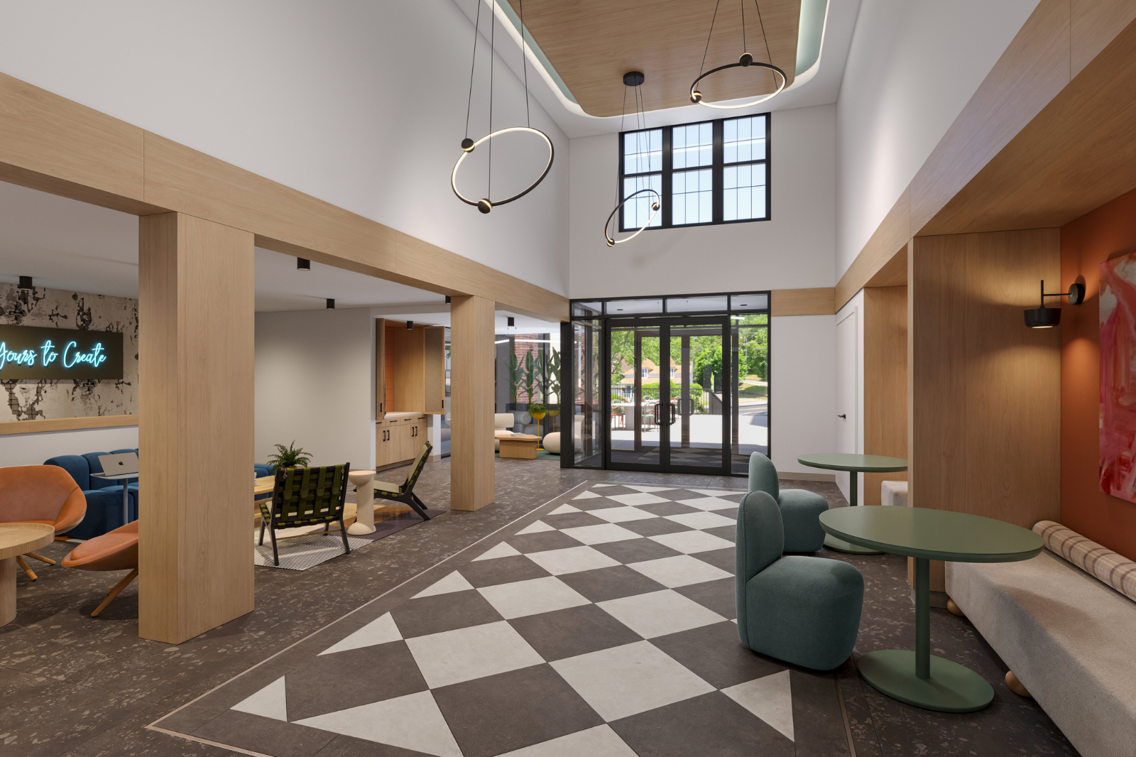 Stylish apartment lobby with double-height ceilings, modern lighting, seating areas, and a welcoming entrance with natural light.
