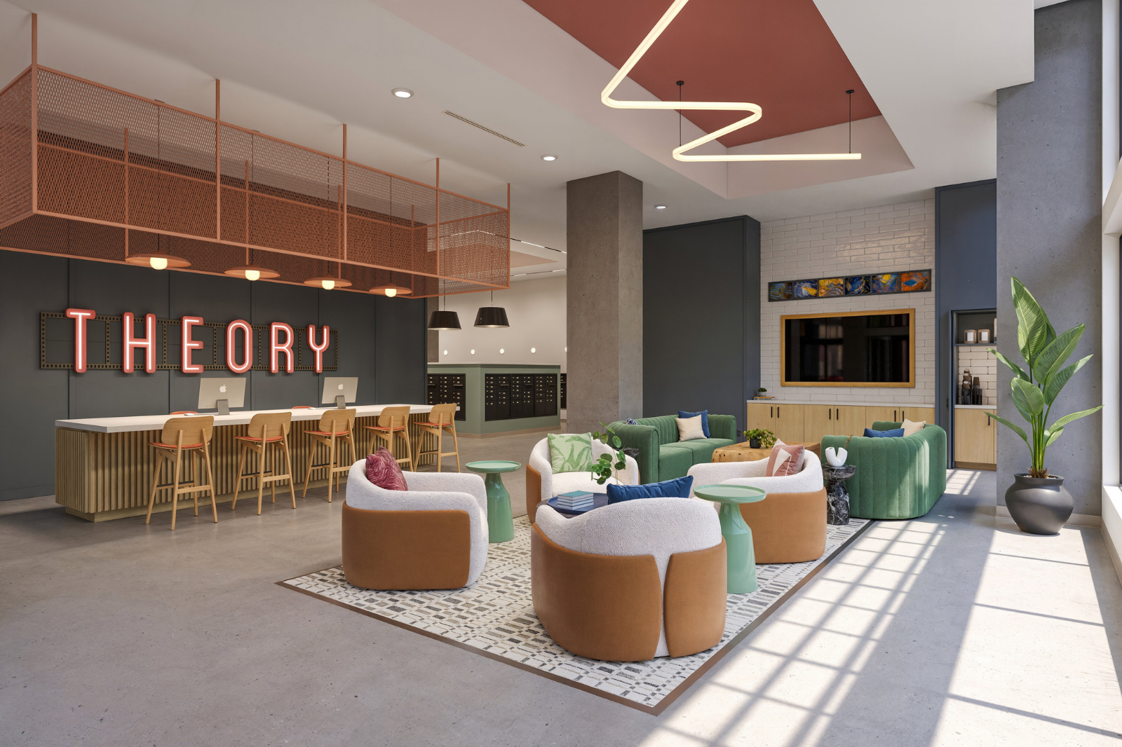 Interior Lobby Contemporary resident lounge and coworking space with flexible seating, workstations, modern décor, and community gathering areas.