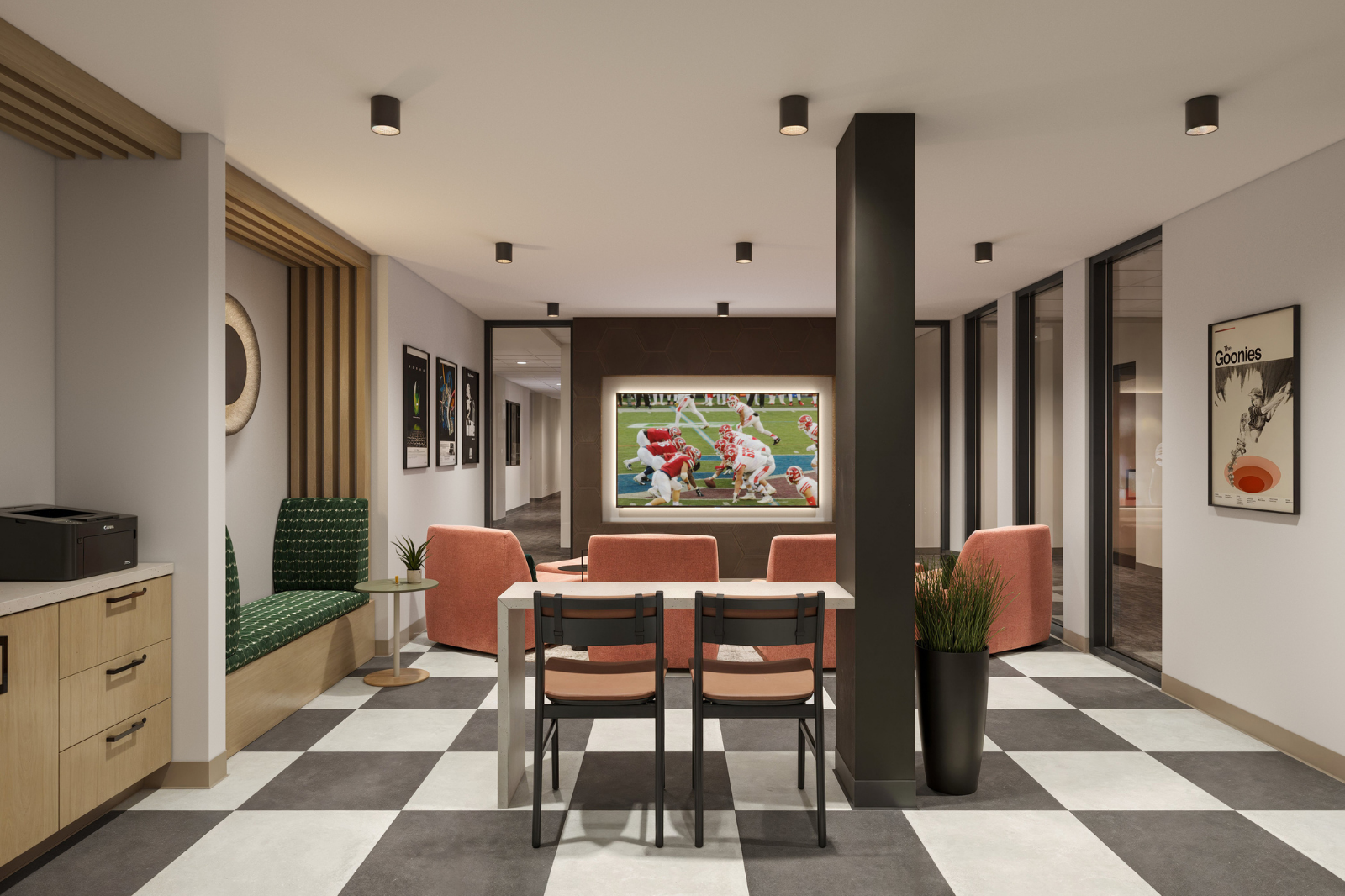 Interior Lounge Entertainment lounge with comfortable seating, communal tables, television viewing area, and study spaces for residents.